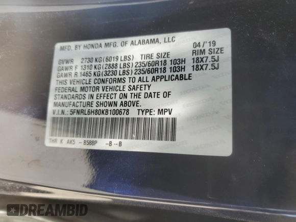 2019 Honda Odyssey Touring with VIN 5FNRL6H80KB100678, listed as a Copart auction lot 58155715 with Not provided miles and Salvage title. Bid and sale history available at DreamBid. Image 13.