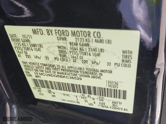 2011 Ford Escape XLT with VIN 1FMCU9DG5BKC36529, listed as a IAAI auction lot 42045682 with 141,101 mi miles. Bid and sale history available at carsss.com. Image 9.