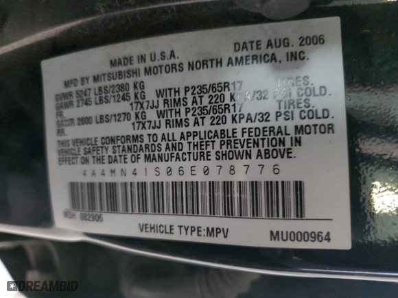 2006 Mitsubishi Endeavor Limited with VIN 4A4MN41S06E078776, listed as a Copart auction lot 82951944 with 217,100 mi miles and Clean Title. Bid and sale history available at carsss.com. Image 13.