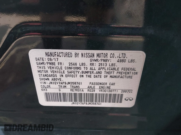 2018 Infiniti Q50 Luxe with VIN JN1EV7AP9JM358741, listed as a IAAI auction lot 42345835 with 101,544 mi miles and . Bid and sale history available at DreamBid. Image 9.