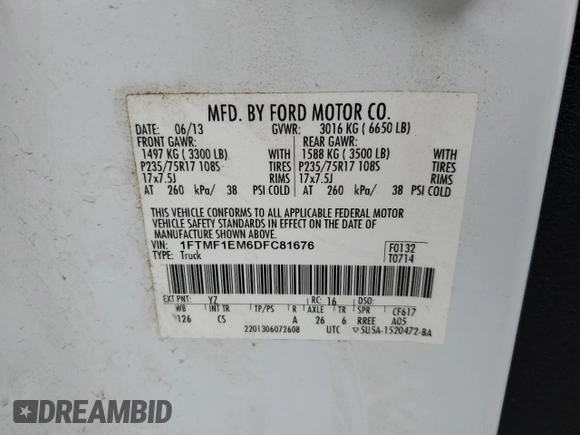 2013 Ford F-150 XL with VIN 1FTMF1EM6DFC81676, listed as a Copart auction lot 44700115 with 105,548 mi miles and Salvage Title. Bid and sale history available at carsss.com. Image 12.