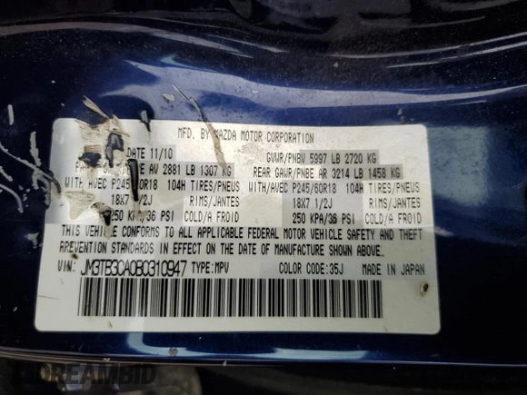 2011 Mazda CX-9 Touring with VIN JM3TB3CA0B0310947, listed as a Copart auction lot 57469525 with 110,443 mi miles and Salvage title. Bid and sale history available at DreamBid. Image 13.