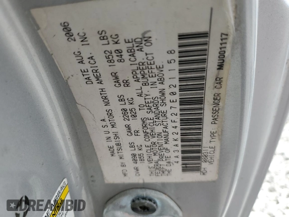 2007 Mitsubishi Eclipse GS with VIN 4A3AK24F27E021158, listed as a Copart auction lot 54696175 with 172,163 mi miles and Salvage Title. Bid and sale history available at carsss.com. Image 12.