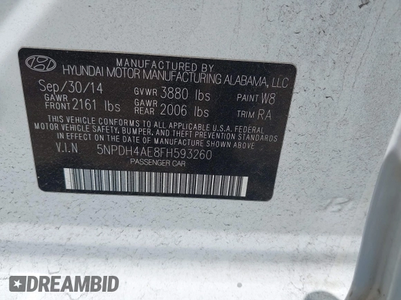 2015 Hyundai Elantra SE with VIN 5NPDH4AE8FH593260, listed as a IAAI auction lot 42196044 with 134,084 mi miles and . Bid and sale history available at DreamBid. Image 9.
