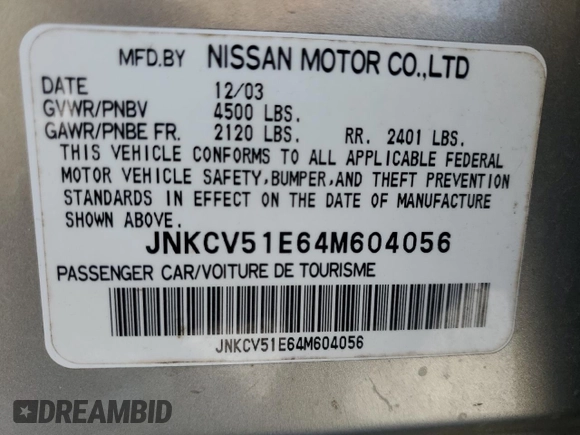 2004 Infiniti G35 w/Leather with VIN JNKCV51E64M604056, listed as a Copart auction lot 50232365 with Not Provided miles and Clean Title. Bid and sale history available at DreamBid. Image 13.