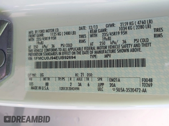 2014 Ford Escape Titanium с VIN 1FMCU0J94EUB92694, выставлен на аукционе IAAI как лот 42124647 с пробегом 107 666 миль миль и . История ставок и продаж доступна на DreamBid. Изображение 9.