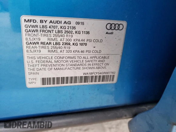 2016 Audi Q3 Premium Plus with VIN WA1BFCFS4GR007762, listed as a Copart auction lot 88314735 with 58,199 mi miles and Salvage title. Bid and sale history available at DreamBid. Image 15.
