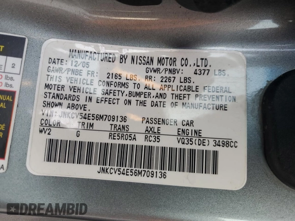 2006 Infiniti G35 Coupe with VIN JNKCV54E56M709136, listed as a Copart auction lot 83670934 with 0 mi miles and Non Repairable. Bid and sale history available at carsss.com. Image 13.