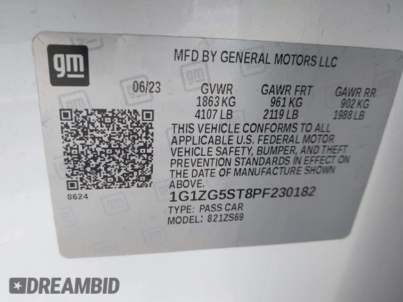 2023 Chevrolet Malibu RS with VIN 1G1ZG5ST8PF230182, listed as a IAAI auction lot 41719740 with 18,512 mi miles and . Bid and sale history available at DreamBid. Image 9.