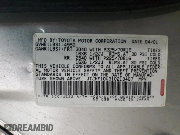 2001 Lexus RX 300 with VIN JTJHF10U310213467, listed as a Copart auction lot 83405024 with 177,059 mi miles and Salvage Title. Bid and sale history available at carsss.com. Image 16.