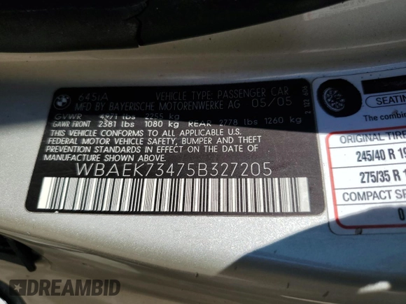 2005 BMW 6 Series 645Ci with VIN WBAEK73475B327205, listed as a Copart auction lot 62127134 with 0 mi miles and Salvage Title. Bid and sale history available at carsss.com. Image 12.