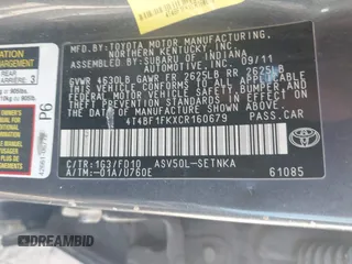 2012 Toyota Camry L with VIN 4T4BF1FKXCR160679, listed as a IAAI auction lot 42105290 with 189,062 mi miles. Bid and sale history available at carsss.com. Image 9.