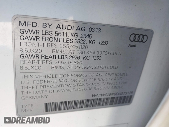 2013 Audi Q5 Prestige with VIN WA1WGAFP6DA073125, listed as a IAAI auction lot 41501759 with 166,238 mi miles and . Bid and sale history available at DreamBid. Image 9.