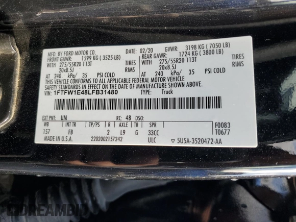 2020 Ford F-150 XL with VIN 1FTFW1E48LFB31480, listed as a Copart auction lot 47610115 with 81,384 mi miles and Salvage Title. Bid and sale history available at carsss.com. Image 13.
