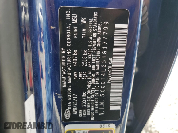 2017 Kia Optima LX with VIN 5XXGT4L35HG177799, listed as a Copart auction lot 54935045 with 92,216 mi miles and Salvage Title. Bid and sale history available at DreamBid. Image 13.