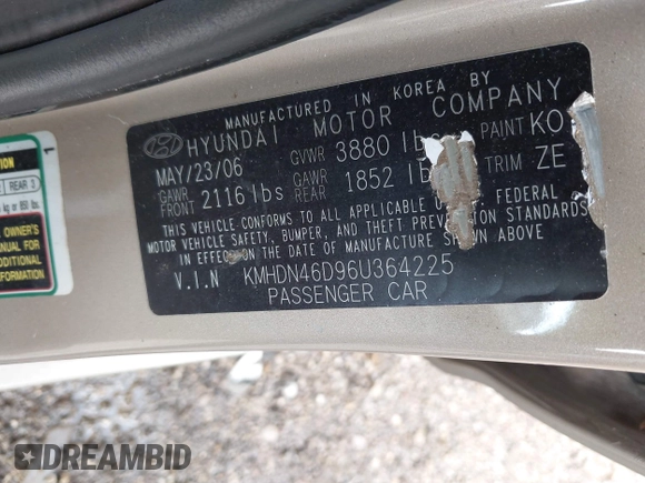 2006 Hyundai Elantra GLS с VIN KMHDN46D96U364225, выставлен на аукционе IAAI как лот 42455325 с пробегом 102 458 миль миль и . История ставок и продаж доступна на DreamBid. Изображение 9.