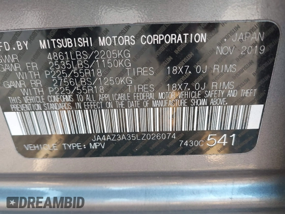 2020 Mitsubishi Outlander ES with VIN JA4AZ3A35LZ026074, listed as a IAAI auction lot 41294870 with 72,514 mi miles and . Bid and sale history available at DreamBid. Image 9.