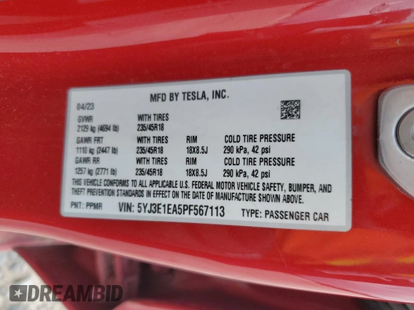 2023 Tesla Model 3 with VIN 5YJ3E1EA5PF567113, listed as a Copart auction lot 53376365 with 45,247 mi miles and Salvage title. Bid and sale history available at DreamBid. Image 13.