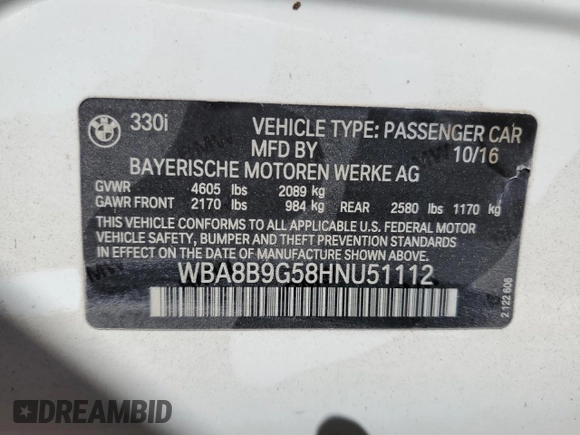 2017 BMW 3 Series 330i с VIN WBA8B9G58HNU51112, выставлен на аукционе Copart как лот 51668125 с пробегом 122 855 миль миль и Списание • Salvage title. История ставок и продаж доступна на DreamBid. Изображение 12.