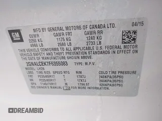 2015 Chevrolet Equinox LT with VIN 2GNALCEK7F6355083, listed as a IAAI auction lot 41384159 with 139,699 mi miles. Bid and sale history available at carsss.com. Image 9.