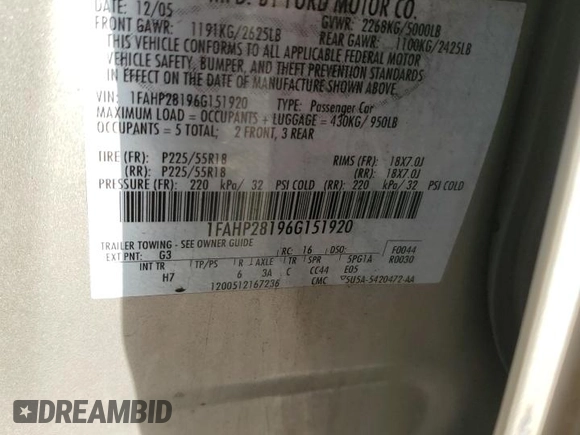 2006 Ford Five Hundred Limited with VIN 1FAHP28196G151920, listed as a Copart auction lot 87589345 with 180,635 mi miles and Salvage Title. Bid and sale history available at carsss.com. Image 14.