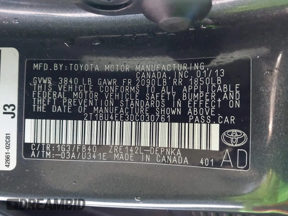 2013 Toyota Corolla L with VIN 2T1BU4EE3DC030761, listed as a IAAI auction lot 42004033 with 90,733 mi miles. Bid and sale history available at carsss.com. Image 9.