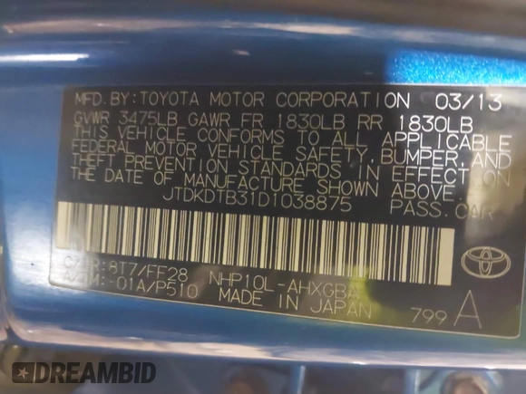 2013 Toyota Prius One with VIN JTDKDTB31D1038875, listed as a IAAI auction lot 41467424 with 275,000 mi miles and . Bid and sale history available at DreamBid. Image 9.
