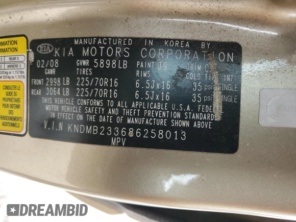 2008 Kia Sedona LX with VIN KNDMB233686258013, listed as a Copart auction lot 50069834 with 308,111 mi miles and Salvage Title. Bid and sale history available at carsss.com. Image 15.