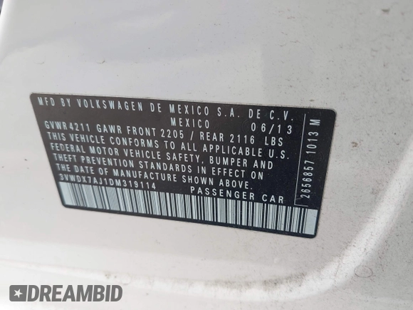 2013 Volkswagen Jetta SE with VIN 3VWDX7AJ1DM319114, listed as a IAAI auction lot 42295095 with 164,583 mi miles and . Bid and sale history available at DreamBid. Image 9.