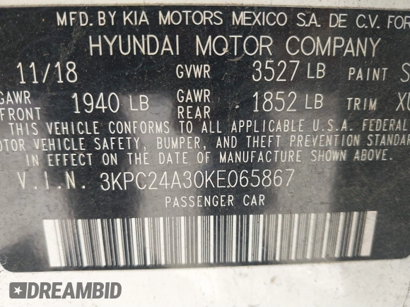2019 Hyundai Accent SE with VIN 3KPC24A30KE065867, listed as a IAAI auction lot 41653808 with 65,058 mi miles. Bid and sale history available at carsss.com. Image 9.