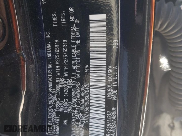 2018 Toyota Sequoia SR5 with VIN 5TDZY5G19JS070428, listed as a Copart auction lot 73185834 with 60,192 mi miles and Salvage Title. Bid and sale history available at carsss.com. Image 13.