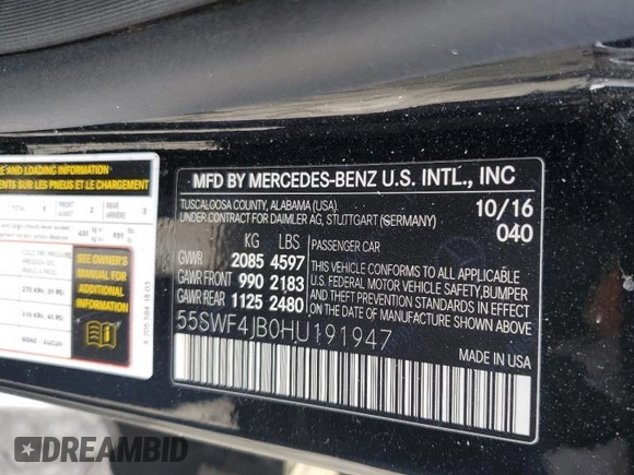 2017 Mercedes-Benz C 300 with VIN 55SWF4JB0HU191947, listed as a Copart auction lot 75603624 with 135,517 mi miles and Salvage title. Bid and sale history available at DreamBid. Image 12.