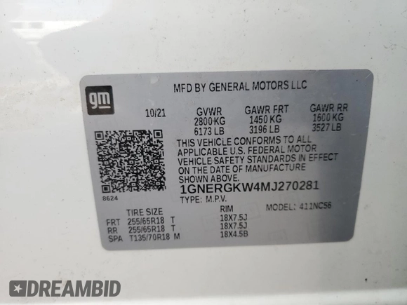 2021 Chevrolet Traverse LT Cloth with VIN 1GNERGKW4MJ270281, listed as a Copart auction lot 54137415 with 43,793 mi miles and Non repairable. Bid and sale history available at DreamBid. Image 13.