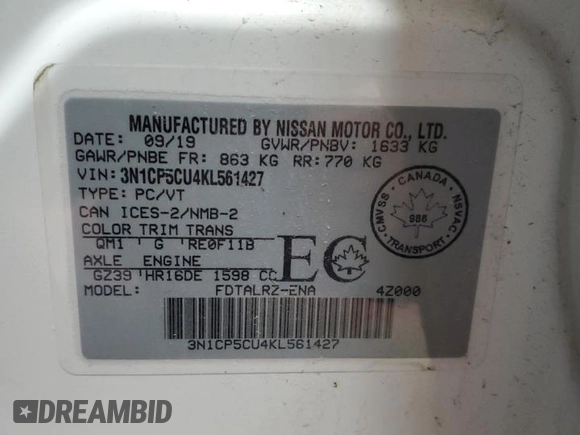 2019 Nissan Kicks S with VIN 3N1CP5CU4KL561427, listed as a Copart auction lot 52335125 with 34,035 mi miles and Salvage Title. Bid and sale history available at DreamBid. Image 13.