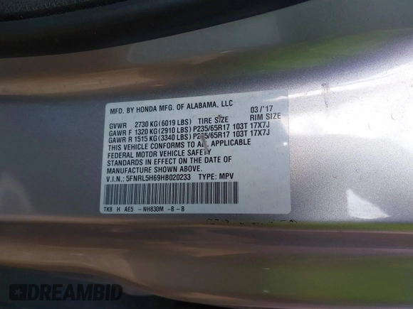 2017 Honda Odyssey EX-L with VIN 5FNRL5H69HB020233, listed as a IAAI auction lot 41522030 with 188,418 mi miles and . Bid and sale history available at DreamBid. Image 9.
