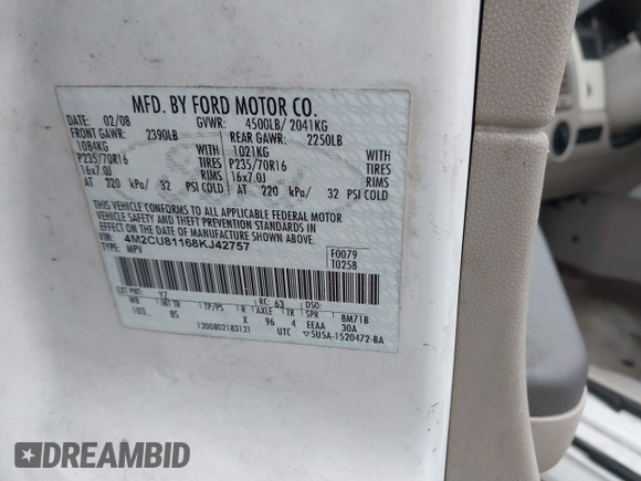 2008 Mercury Mariner with VIN 4M2CU81168KJ42757, listed as a IAAI auction lot 41257720 with Not provided miles and . Bid and sale history available at DreamBid. Image 9.