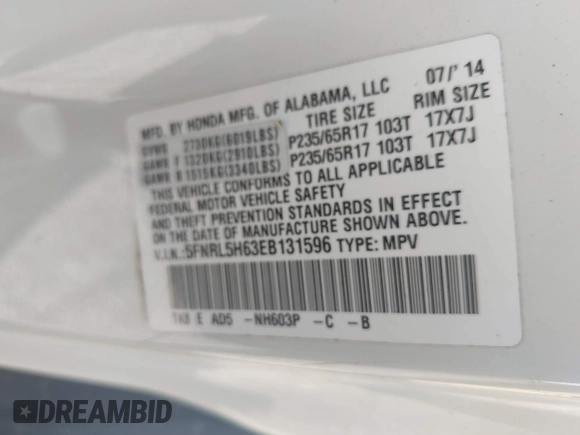 2014 Honda Odyssey EX-L with VIN 5FNRL5H63EB131596, listed as a IAAI auction lot 42402427 with 106,156 mi miles and . Bid and sale history available at DreamBid. Image 9.