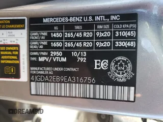 2014 Mercedes-Benz M 350 with VIN 4JGDA2EB9EA316756, listed as a Copart auction lot 46580665 with Not Provided miles and Non Repairable. Bid and sale history available at DreamBid. Image 13.