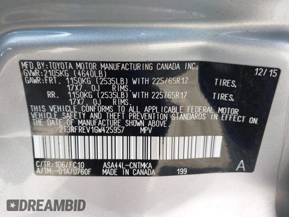 2016 Toyota RAV4 XLE with VIN 2T3RFREV1GW425957, listed as a IAAI auction lot 42648437 with 58,654 mi miles and . Bid and sale history available at DreamBid. Image 9.