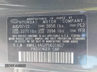 2023 Hyundai Elantra SE with VIN KMHLL4AG2PU631807, listed as a IAAI auction lot 42171342 with 54,733 mi miles and . Bid and sale history available at DreamBid. Image 9.