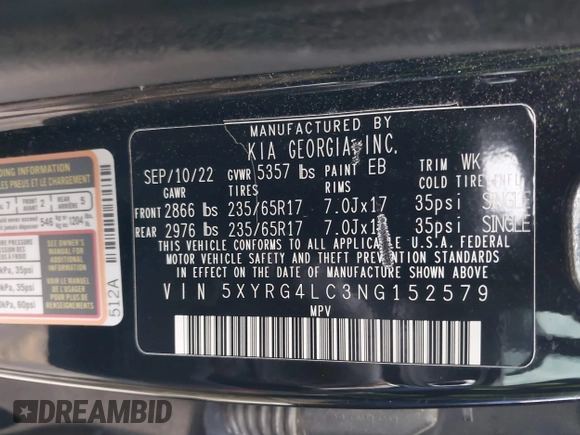 2022 Kia Sorento LX with VIN 5XYRG4LC3NG152579, listed as a IAAI auction lot 42092276 with 77,101 mi miles and . Bid and sale history available at DreamBid. Image 9.