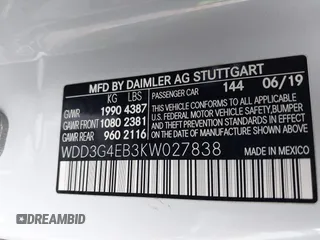 2019 Mercedes-Benz A 220 with VIN WDD3G4EB3KW027838, listed as a IAAI auction lot 42033252 with 53,867 mi miles and . Bid and sale history available at DreamBid. Image 9.