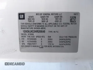2017 Chevrolet Suburban Premier with VIN 1GNSKJKC0HR288648, listed as a IAAI auction lot 41579677 with Not Provided miles and . Bid and sale history available at DreamBid. Image 9.