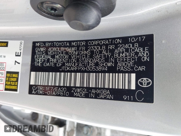 2017 Toyota Prius Plus z VIN JTDKARFPXH3053894, wystawiony jako IAAI lot #42208119 z przebiegiem 115 439 mil mil oraz . Historia ofert i sprzedaży dostępna na DreamBid. Obrazek 9.