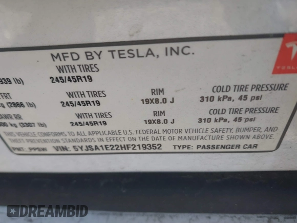 2017 Tesla Model S 100D with VIN 5YJSA1E22HF219352, listed as a IAAI auction lot 41831322 with 97,516 mi miles and . Bid and sale history available at DreamBid. Image 9.