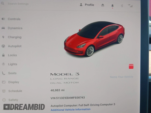 2021 Tesla Model 3 Long Range with VIN 5YJ3E1EB4MF936743, listed as a IAAI auction lot 42154322 with 46,983 mi miles and . Bid and sale history available at DreamBid. Image 7.