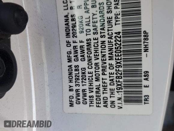 2014 Honda Civic EX-L with VIN 19XFB2F9XEE052224, listed as a Copart auction lot 54207785 with 160,303 mi miles and Salvage Title. Bid and sale history available at DreamBid. Image 12.