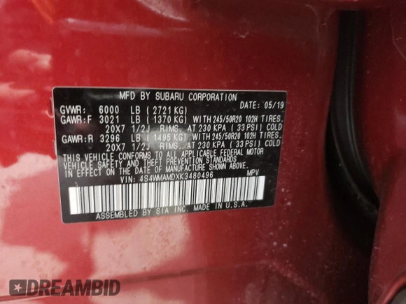 2019 Subaru Ascent Limited with VIN 4S4WMAMDXK3480496, listed as a Copart auction lot 57807645 with 57,572 mi miles and Salvage title. Bid and sale history available at DreamBid. Image 13.