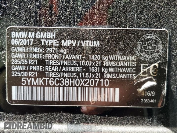 2017 BMW X5 M z VIN 5YMKT6C38H0X20710, wystawiony jako Copart lot #56927285 z przebiegiem 81 524 mil mil oraz Szkoda całkowita • Salvage title. Historia ofert i sprzedaży dostępna na DreamBid. Obrazek 13.