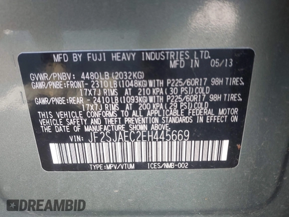 2014 Subaru Forester Premium with VIN JF2SJAEC2EH445669, listed as a IAAI auction lot 42772336 with 103,983 mi miles and . Bid and sale history available at DreamBid. Image 9.